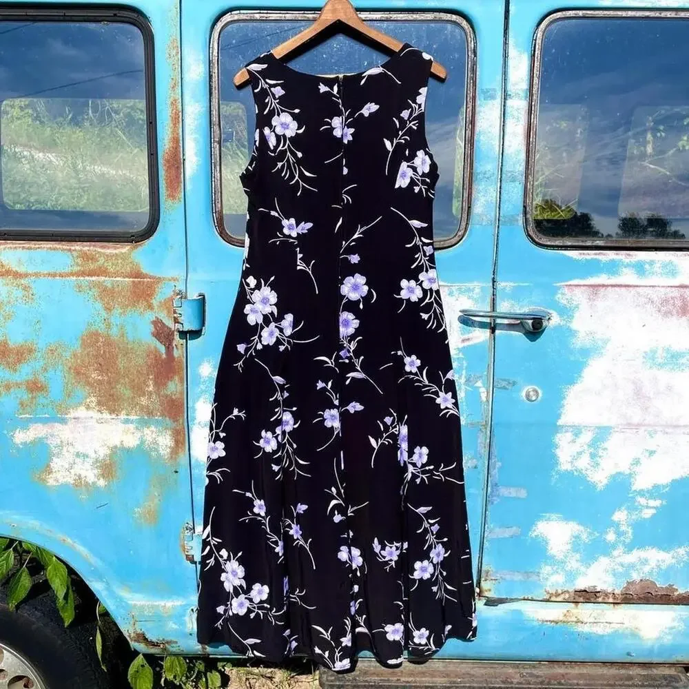 90s cimmaron black 100% rayon sleeveless sheath dress romantic purple flowers